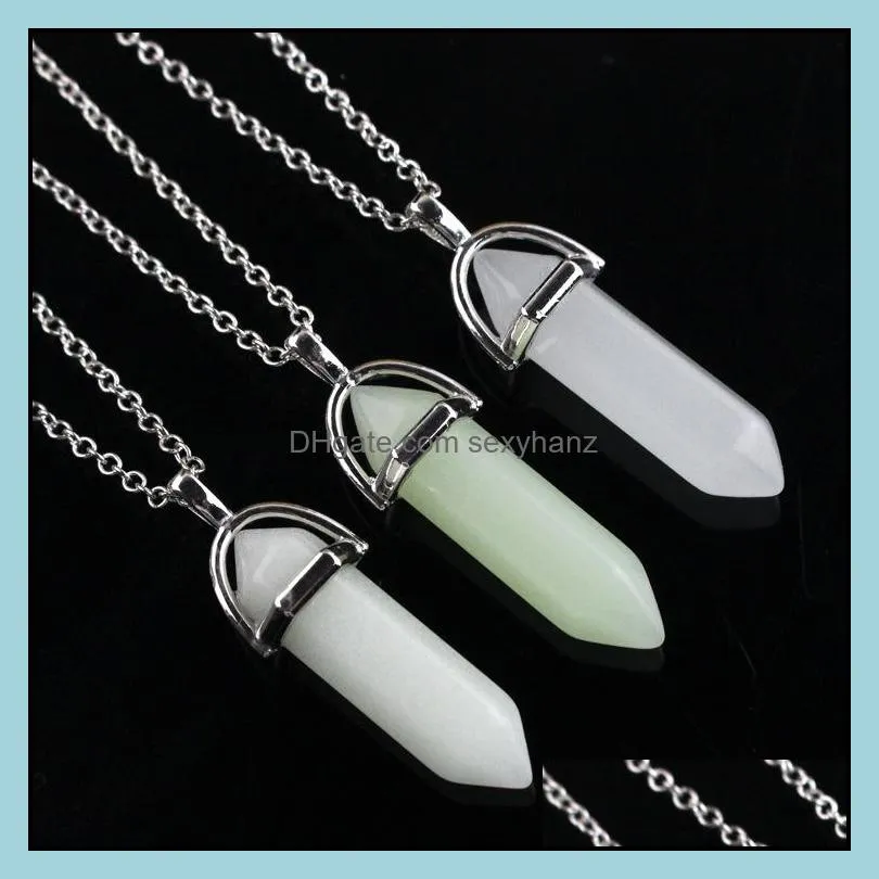 fashion luminous stone fluorescent hexagonal column druzy necklace natural crystal gem stone pendant leather chains necklace