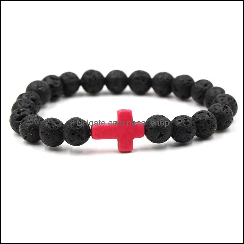 8mm black lava stone beads cross elastic strand bracelet bangle for women men jewelry