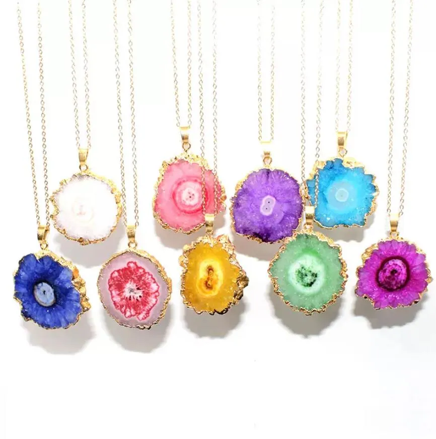colorful crystal flower pendant raw stone sliced necklace gold plated pendants for women mem mjfashion