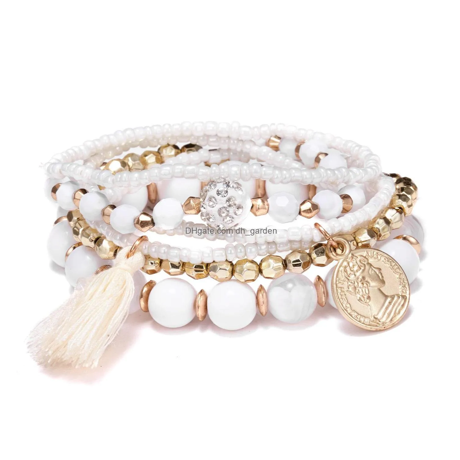 hot selling bohemian style beaded bracelet strands 6 rice beads beauty head coin tassel multilayer bracelet set shsz042