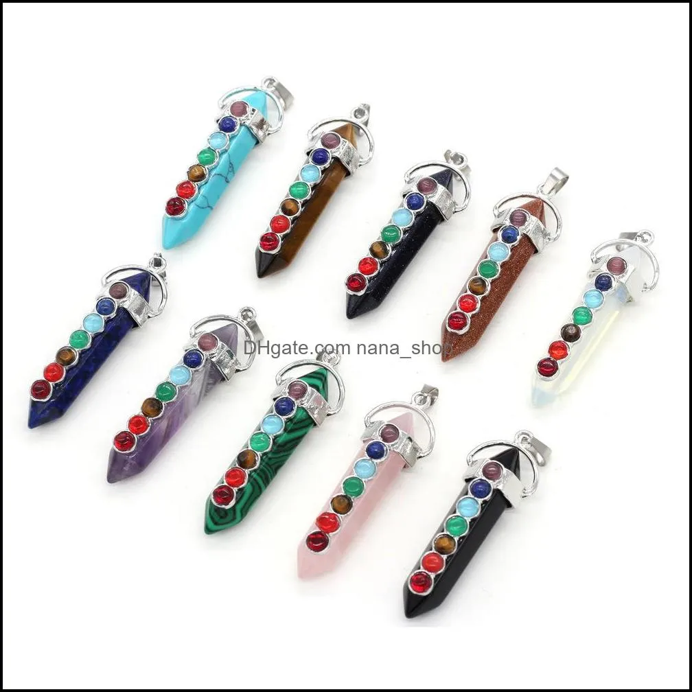 natural stone charms 7 chakra rhinestone rose quartz healing reiki crystal point pillar pendant finding for diy necklaces women fashion jewelry