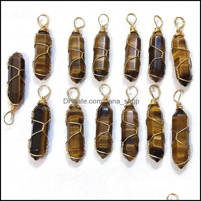 gold wire wrap natural stone charms tiger eye pillar bullet shape point chakra pendants for jewelry making wholesale handmade craft