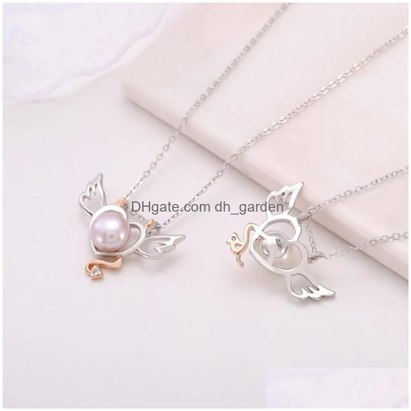 simple heartshaped angel pearl pendant necklace female s925 pure silver delicate diy empty bracket mount clavicle chain accessories