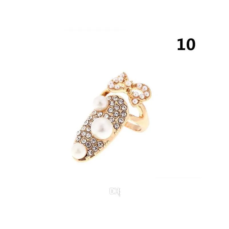 bowknot nail ring charm crown flower crystal finger nail rings for women lady rhinestone fingernail protective fashion jewelry