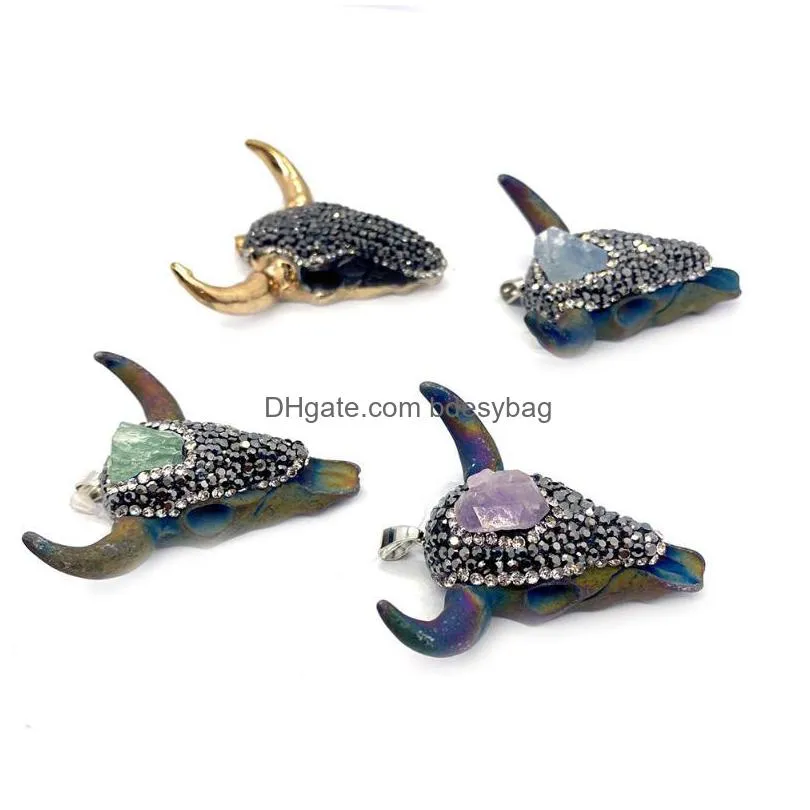 charms natural stone pendant crystal inlaid acrylic multicolor colorful jewelry bull head shape diy making necklace accessories