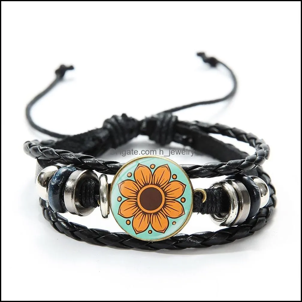 sunflower time gemstone leather braided bracelet black multilayer braided wax rope bracelet for women man jewelry