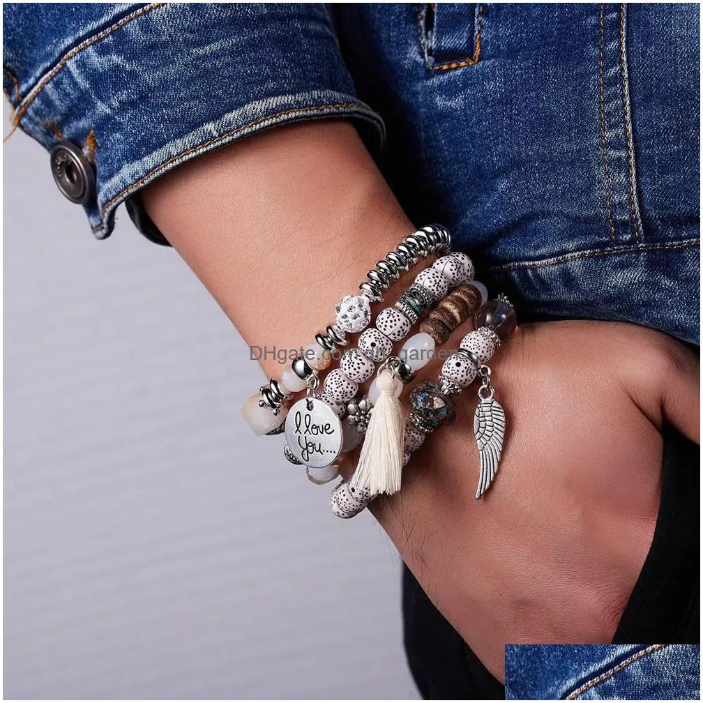 hot selling wings tassel natural stone suit multilayer bracelet imitation bodhi bohemian style stretch bracelet wholesale