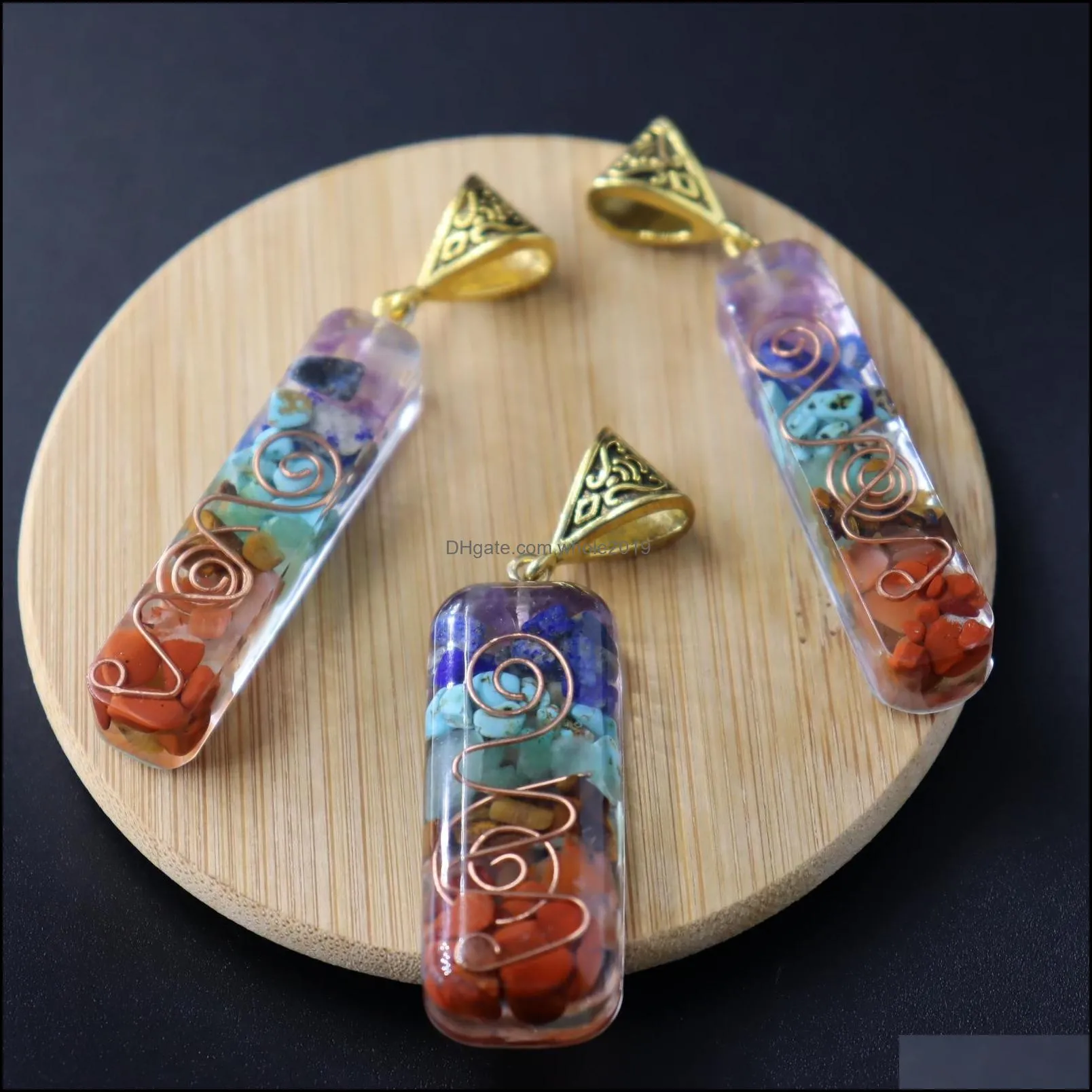 retro reiki healing colorful chips stone natural chakra orgone energy pendant necklace pendulum amulet orgonite crystal chakra