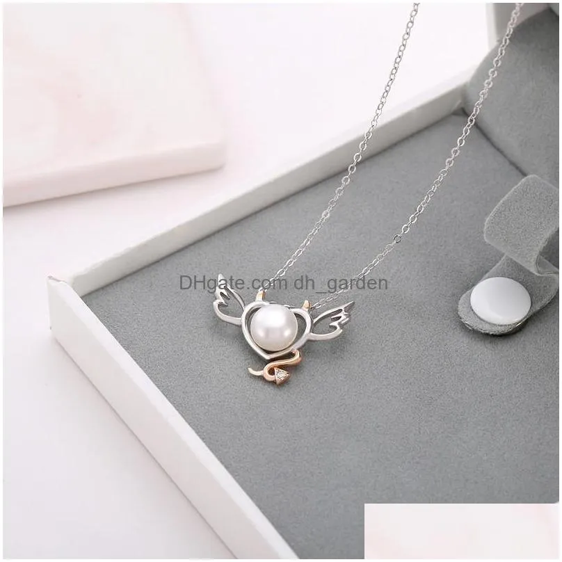 simple heartshaped angel pearl pendant necklace female s925 pure silver delicate diy empty bracket mount clavicle chain accessories