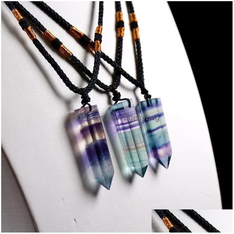 charms natural rainbow fluorite hexagonal prism pendant quartz crystal healing point chakra reiki necklacecharms