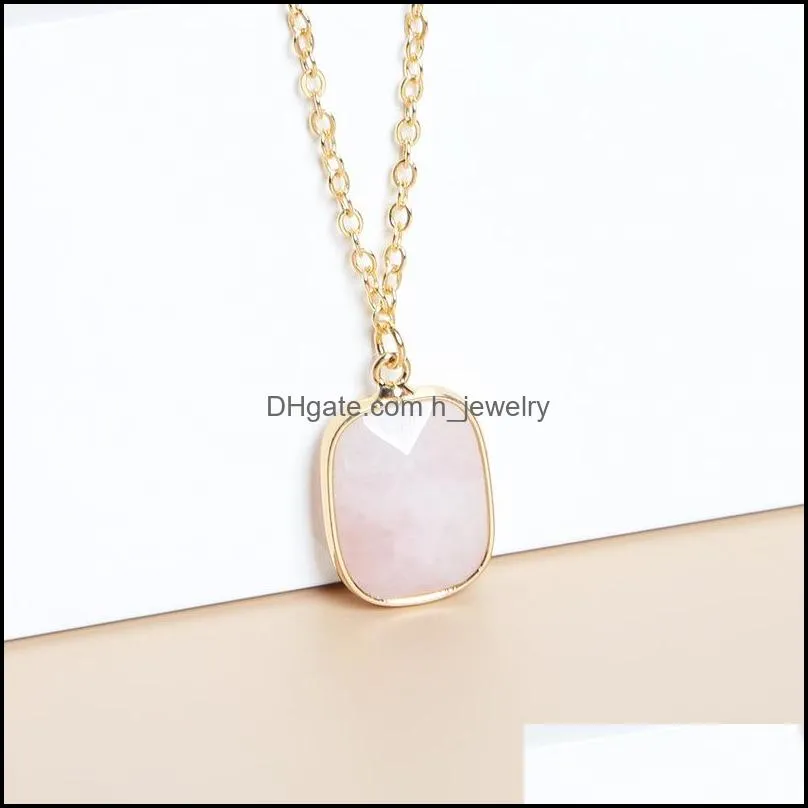 natural stone pendant druzy crystal necklace gold square style amethyst rose quartz chakra healing jewelry for women size 13x17.5mm