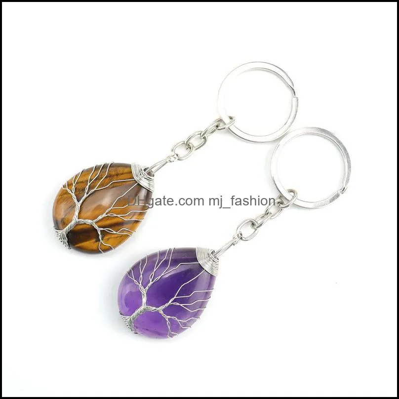 handmade tree of life key rings waterdrop natural stone healing crystal quartz keychain keys chain key rin mjfashion