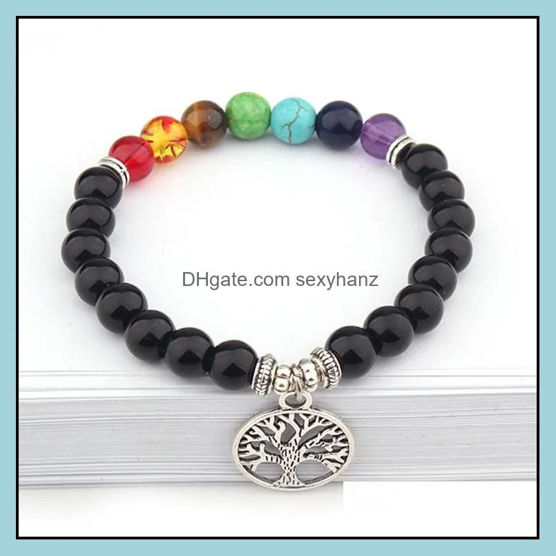 8mm natural stone bracelet 7 chakra tree of life charm bracelets multicolor beads stones bracelet women men yoga bracelets