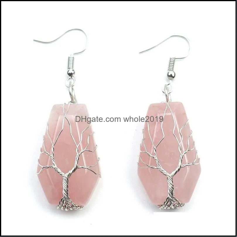 wire wrapped coffin fortune tree of life dangle earrings natural stone pink quartz healing crystal tiger eye amethyst earings women