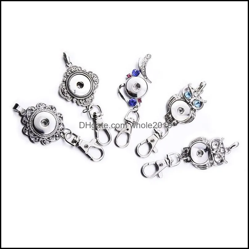 6styles snap jewelry snap button key chains crystal owl 18mm snap keychains keyring for women