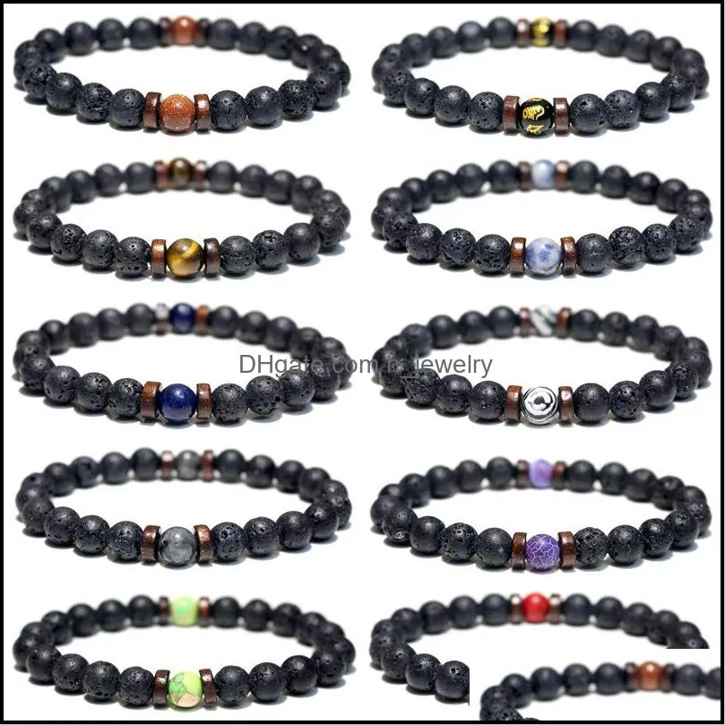 wooden wood spacer 8mm black lave stone beads bracelet volcanic essential oil diffuser chakras bracelet friendships jewelry
