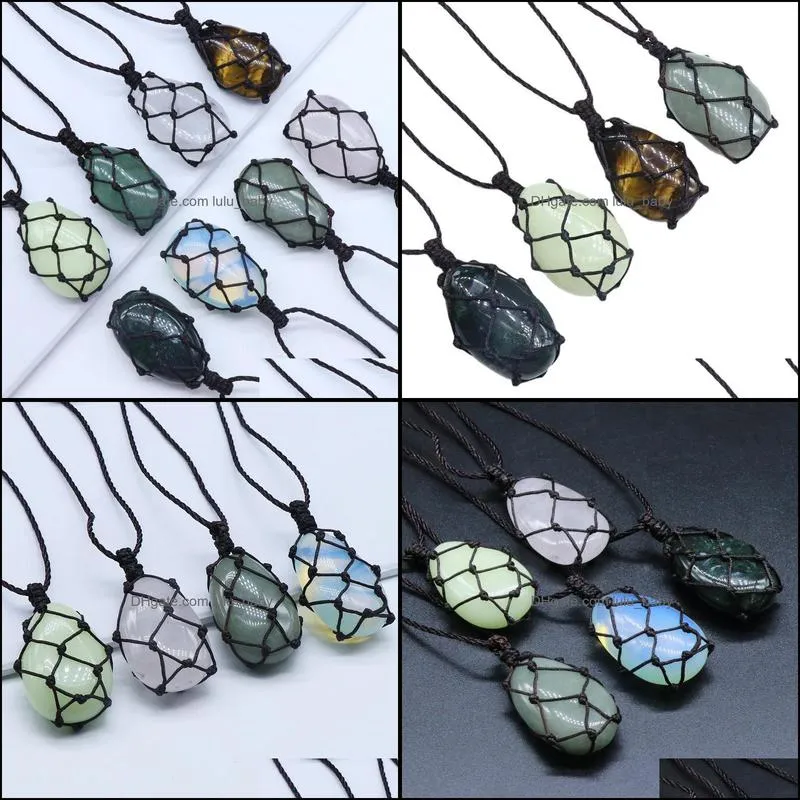 healing crystal oval natural stone pendant weave net bag charms green pink crystal opal rope chain necklaces christ lulubaby
