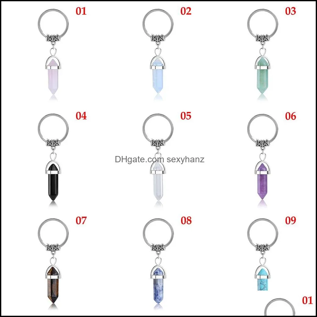 natural stone hexagonal prism keychains silver color healing pink crystal car decor key rings keyholder for women men