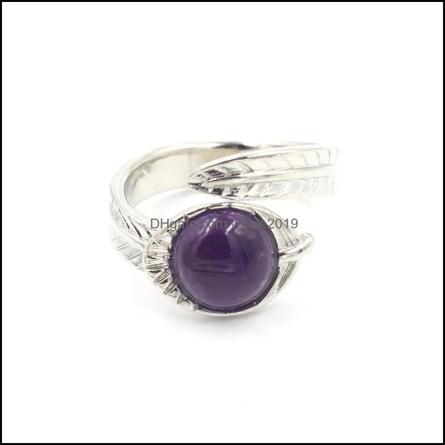 silver color open ring round natural stone crystal cabochon carved leaf adjustable finger rings for women men jewelry