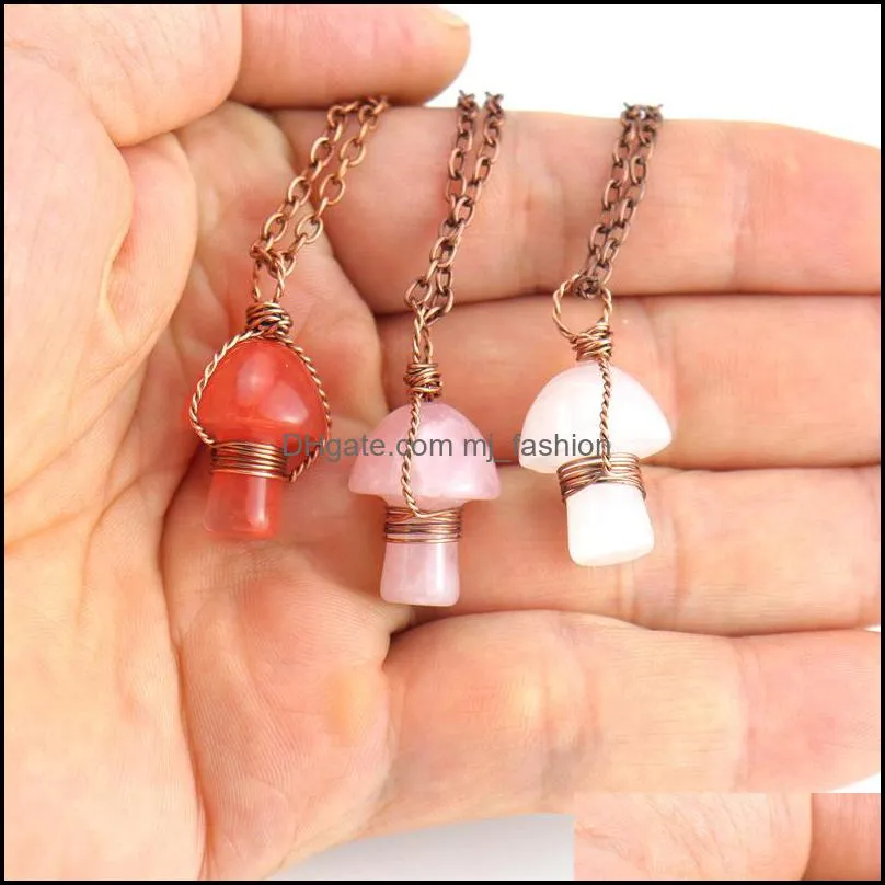 retro wire wrap carving mushroom pendant reiki healing crystal tiger eye rose quartz opal aventurines necklace for women jew mjfashion