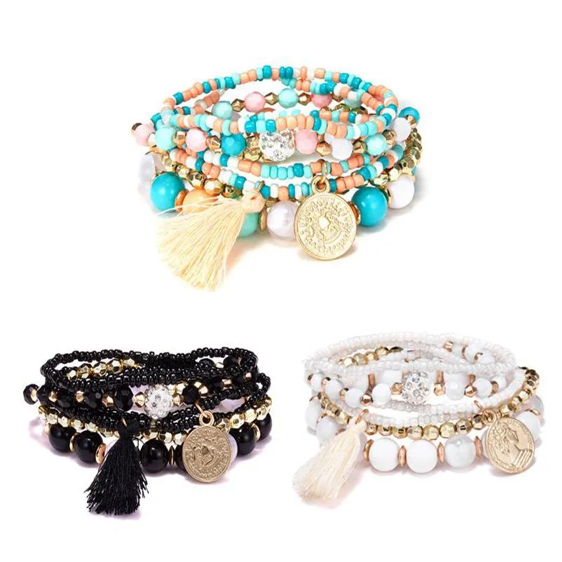 hot selling bohemian style beaded bracelet strands 6 rice beads beauty head coin tassel multilayer bracelet set shsz042