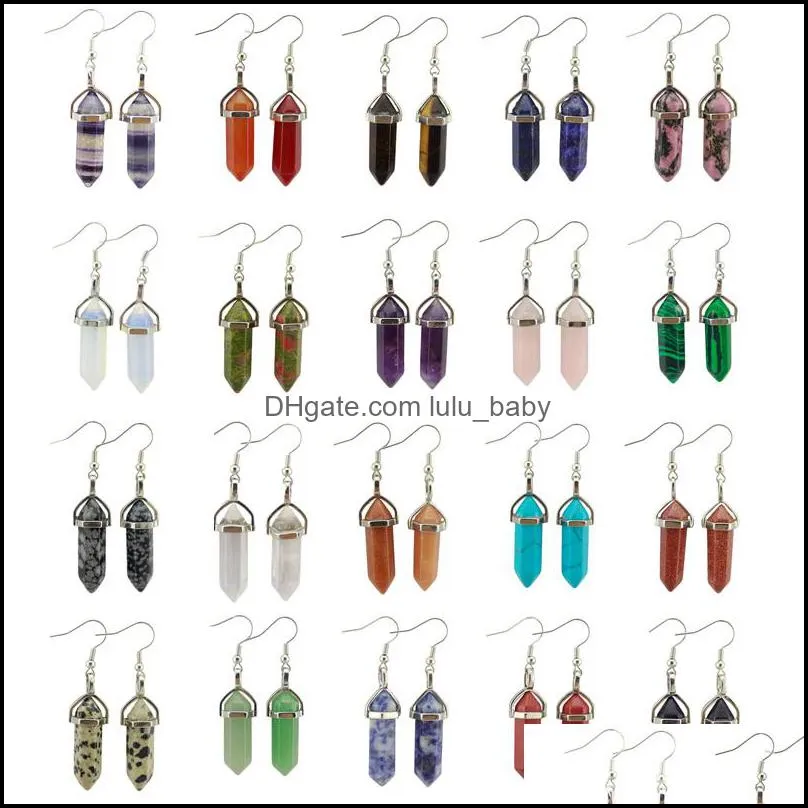 natural stone charms drop earrings reiki healing hexagonal pendulum dangle amethysts lapis fluorite pink crystal earring women lulubaby