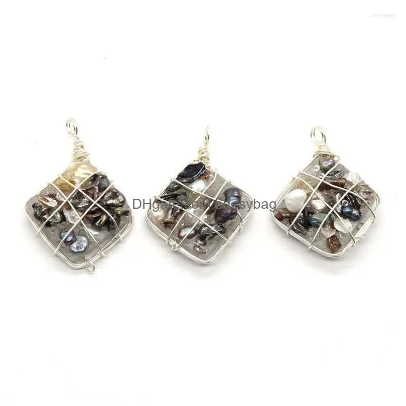 charms fashion resin crystal inlaid baroque pearl rhombus pendant 30x40mm for diy making charm jewelry earrings necklace accessories