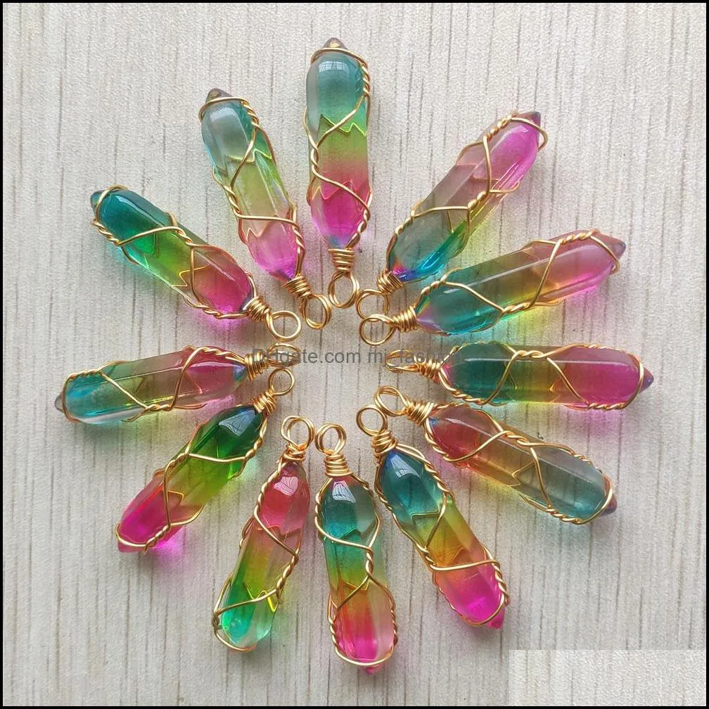 3 colors glass hexagon prism charms handmade copper wire pillar shape pendants for jewelry makin mjfashion