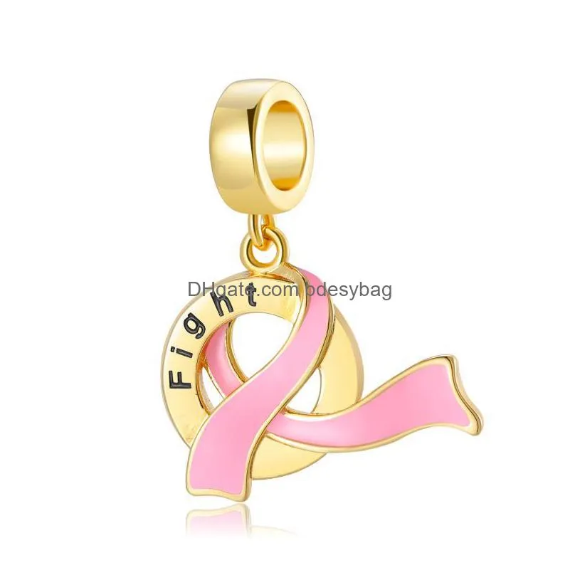charms top quality pink ribbon lucky pendants beads symbol hope believe love golden fit original european bracelet diy jewelry