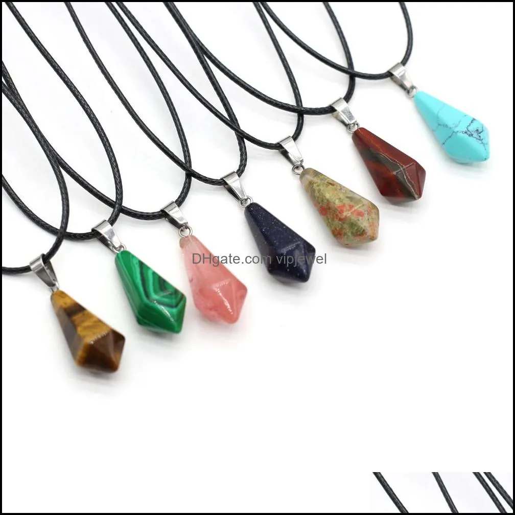 natural stone tiger eye stone turquoise opal quartz crystal pendant necklaces for women reiki heal crystal pendulum charms leather rope