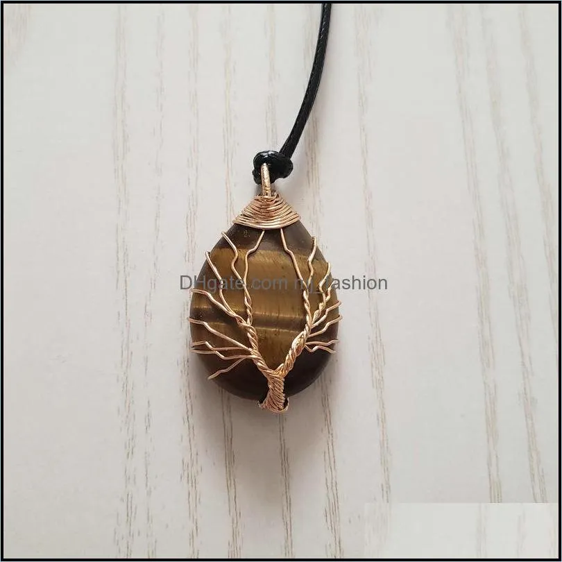 natural agate rose quartz crystal stone pendant wire wrap handmade tree of life drop gold silver color pendant necklac mjfashion