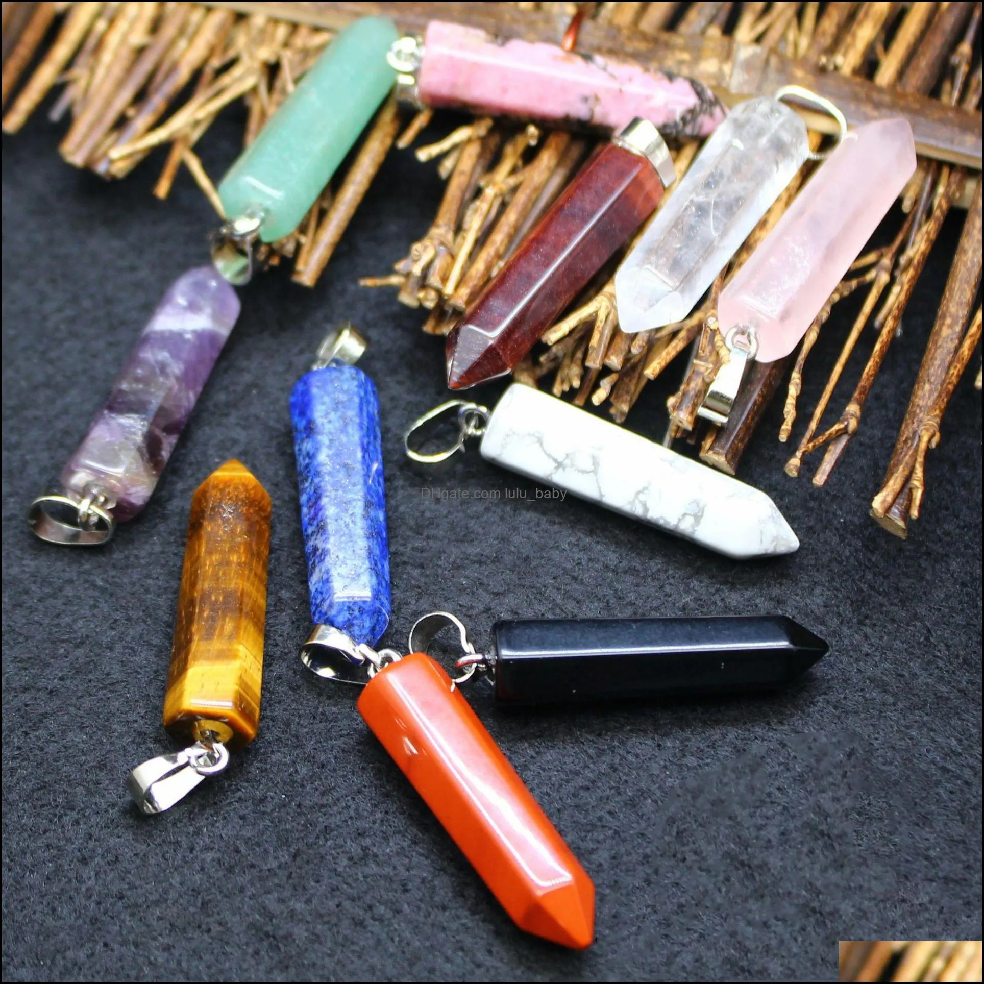 32x8mm hexagonal bullet natural healing crystal stone pendant rose amethyst quartz green aventurine charms jewelry making lulubaby