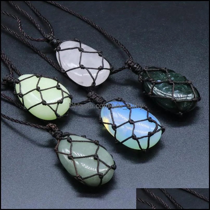 healing crystal oval natural stone pendant weave net bag charms green pink crystal opal rope chain necklaces christ lulubaby