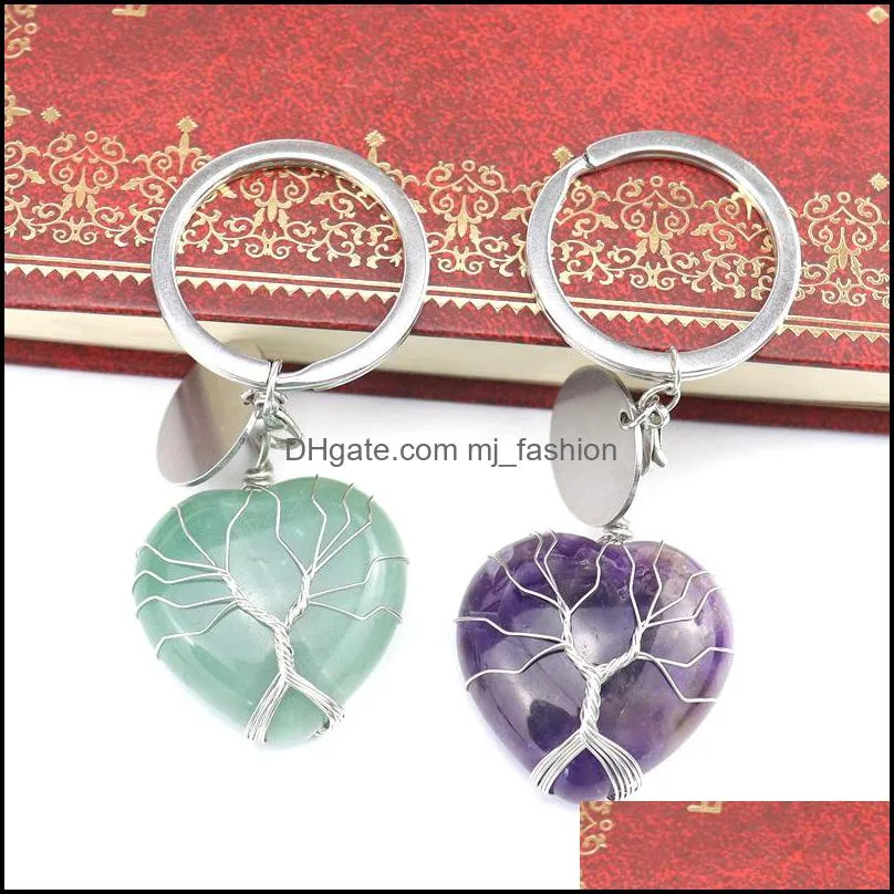 handmade tree of life key rings heart natural stone healing crystal quartz keychain keys chain key rin mjfashion