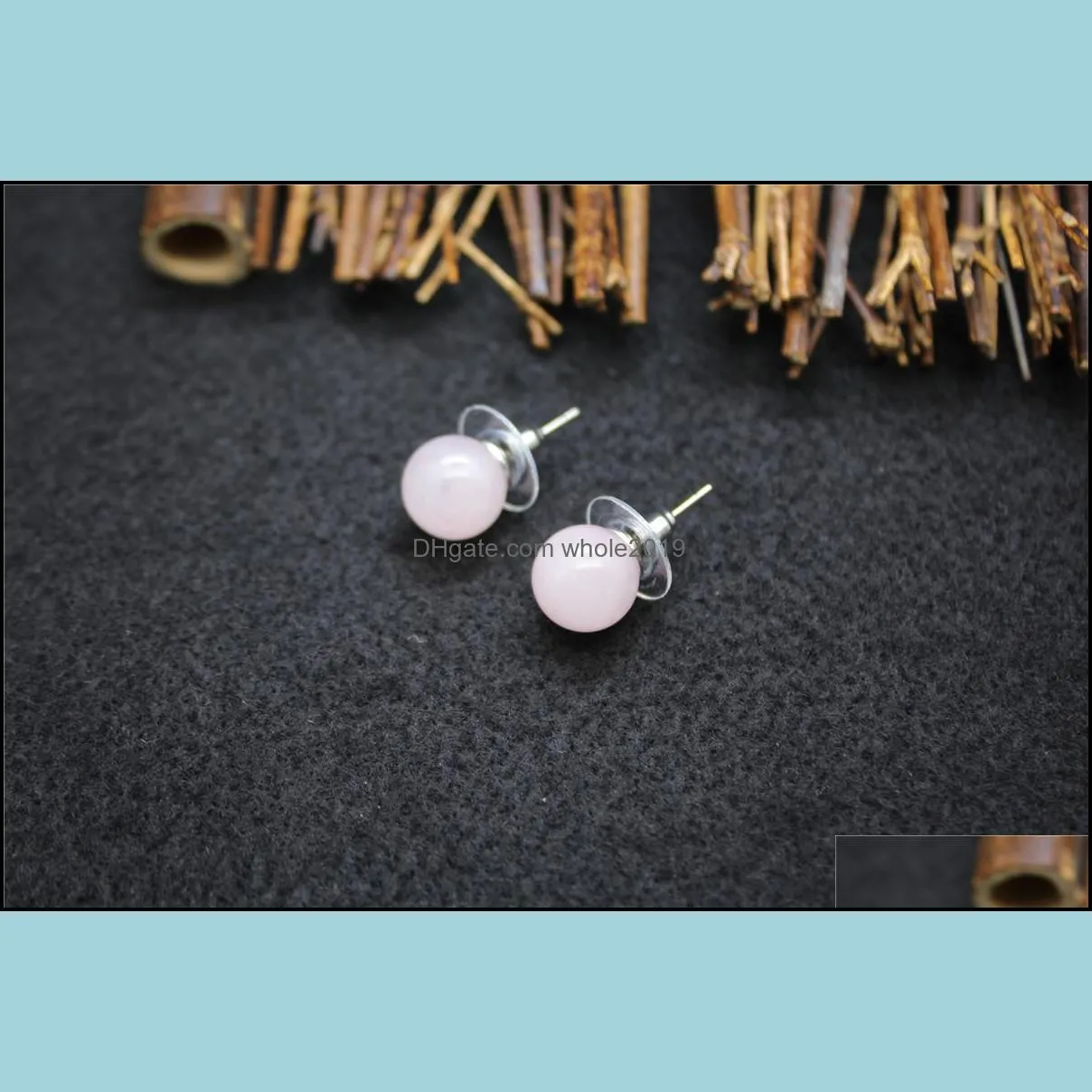 10mm natural stone stud earrings chakra healing pink quartz opal round ball jewlry for women