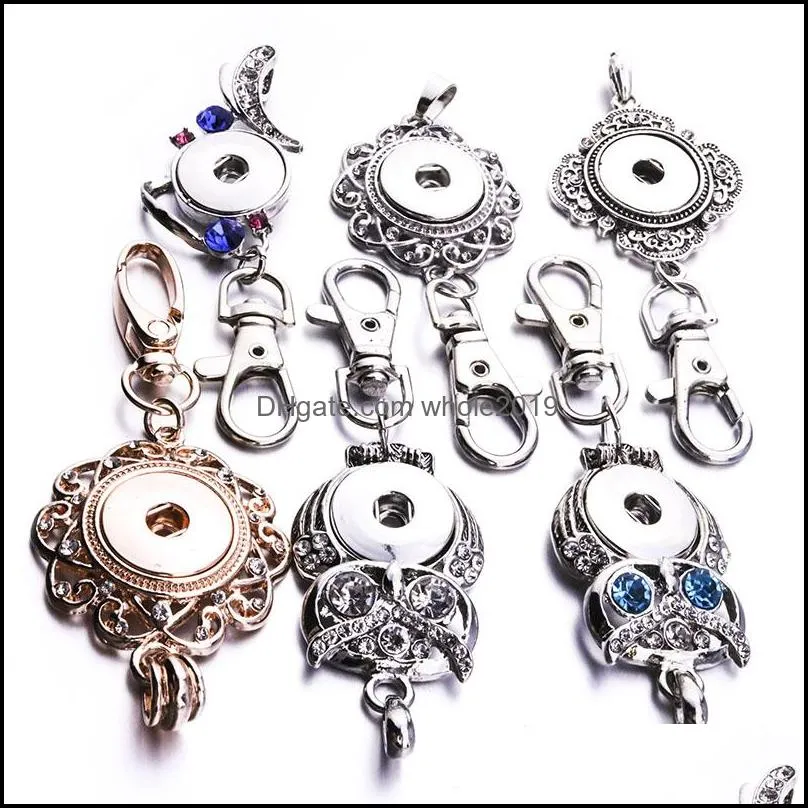 6styles snap jewelry snap button key chains crystal owl 18mm snap keychains keyring for women