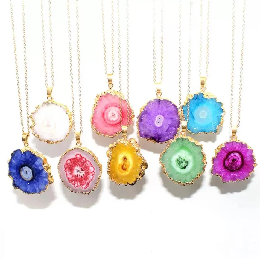 colorful crystal flower pendant raw stone sliced necklace gold plated pendants for women mem mjfashion