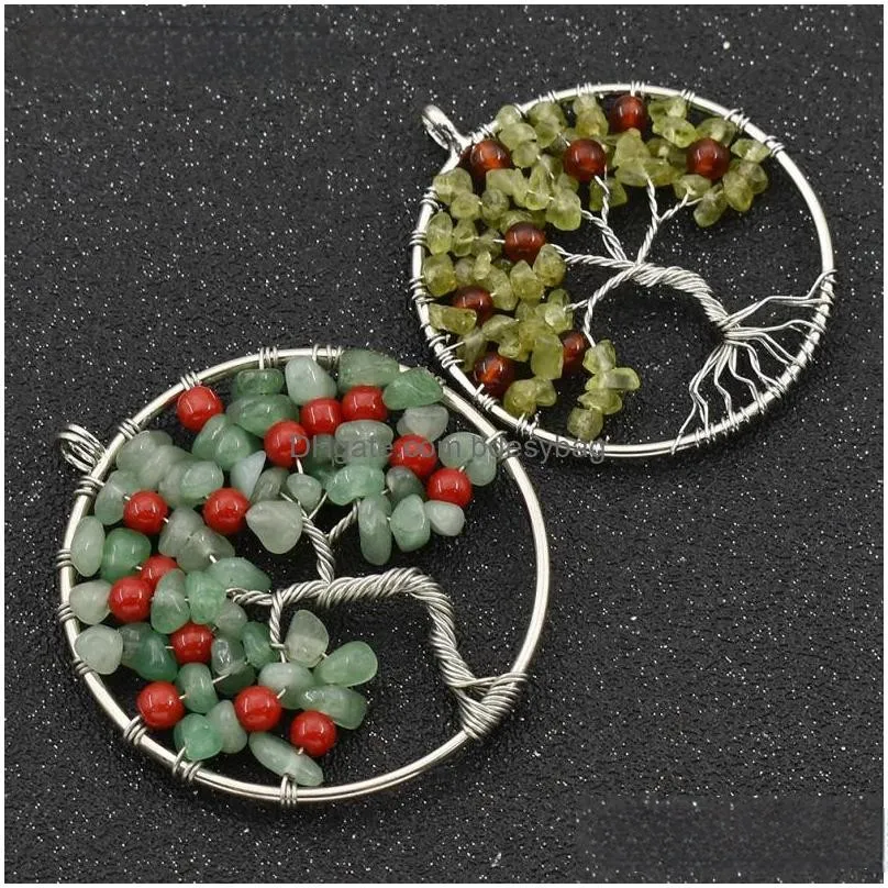 charms fashion lychee natural stone peridot tree of life round for women necklace diy jewelry accessoriescharms