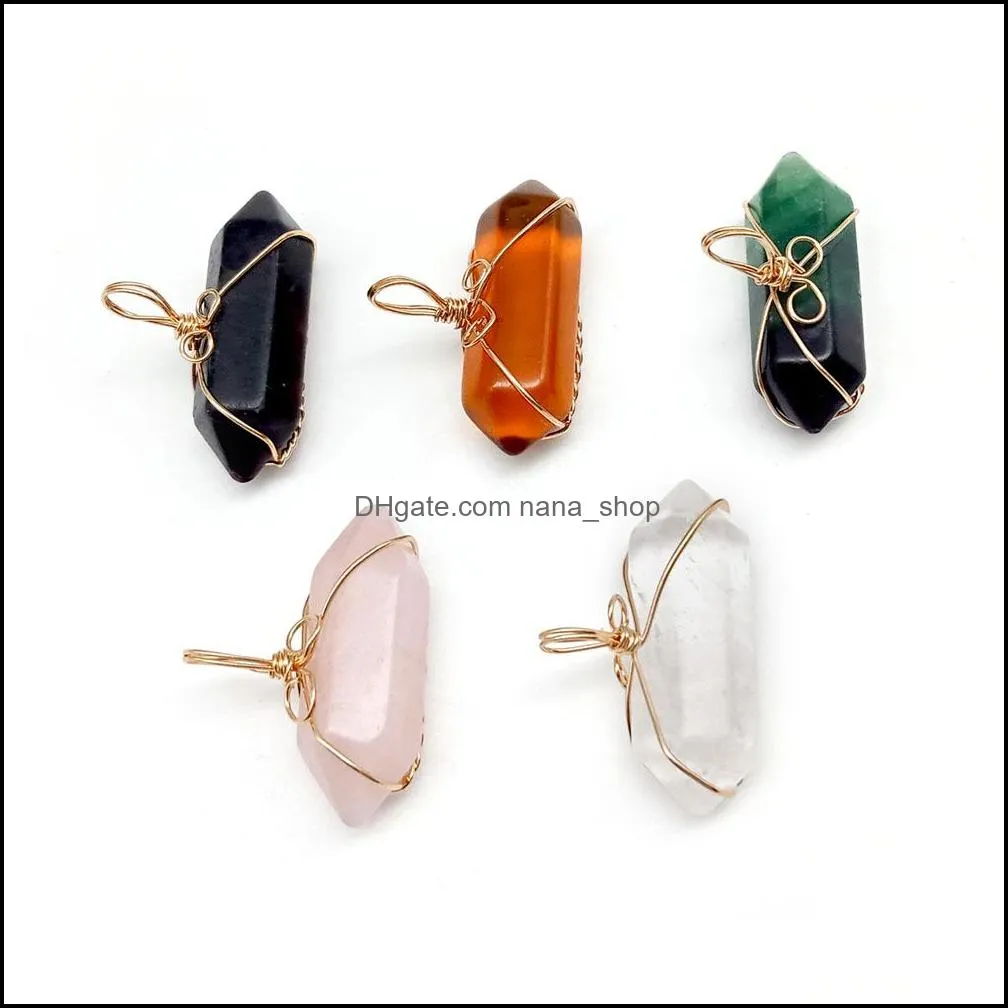 natural crystal bullet shape chakra stone charms hexagonal prisms methyst rose quartz pendants for jewelry accessories making