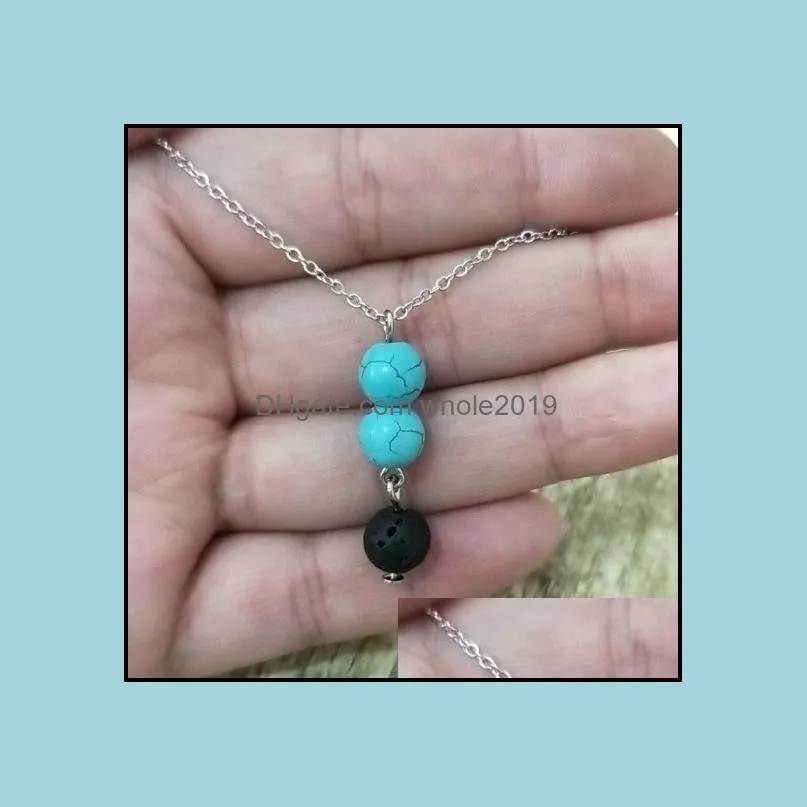 fashion natural lava stone turquoise necklace volcanic rock aromatherapy essential oil diffuser necklace for women jewelry