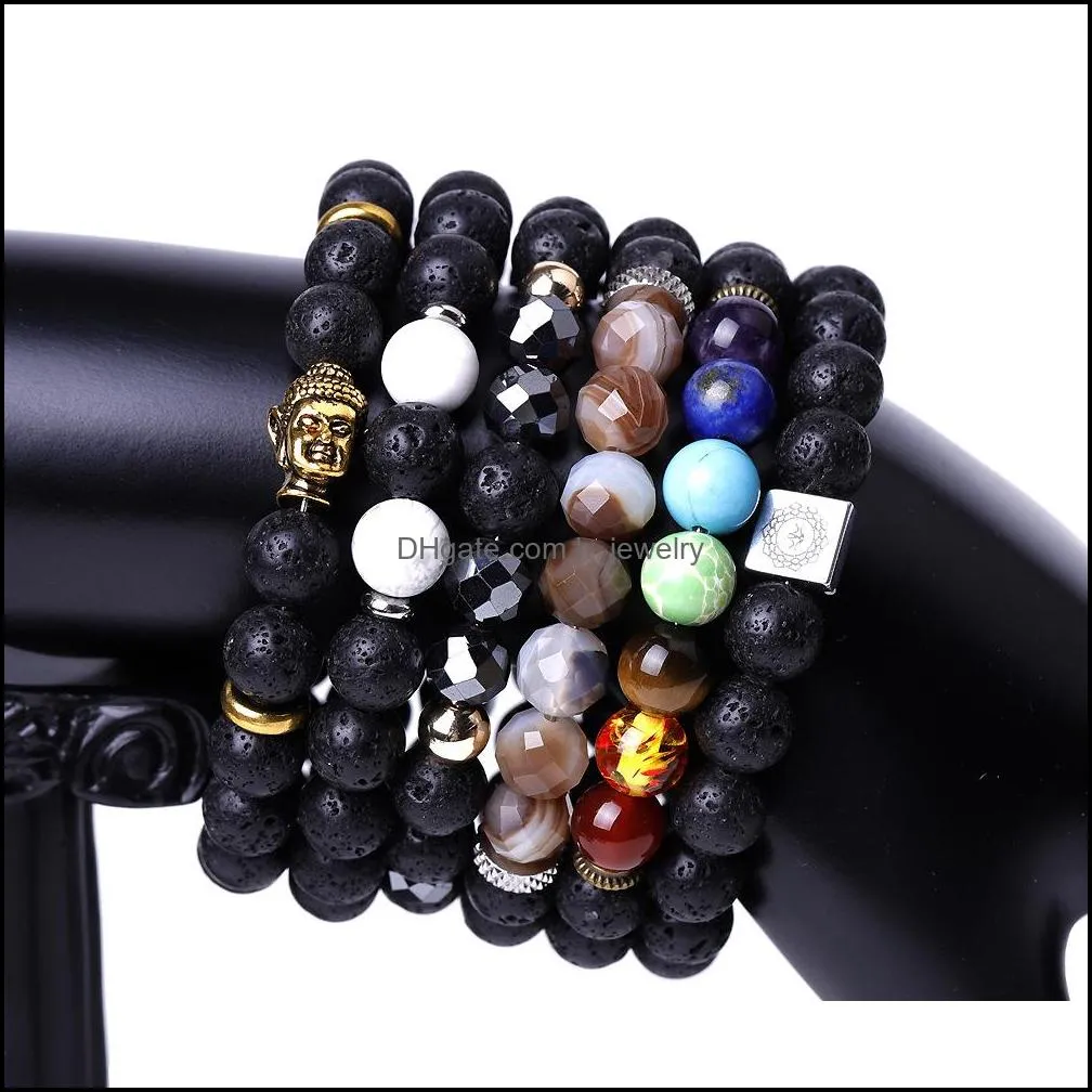 8mm black lava stone seven chakras healing beads charm bracelet women men energy buddha bracelets jewelry