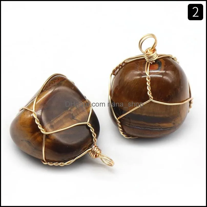 natural crystal irregular stone ball charms pendants wire wrapped amethyst tiger eye stones trendy jewelry making wholesale