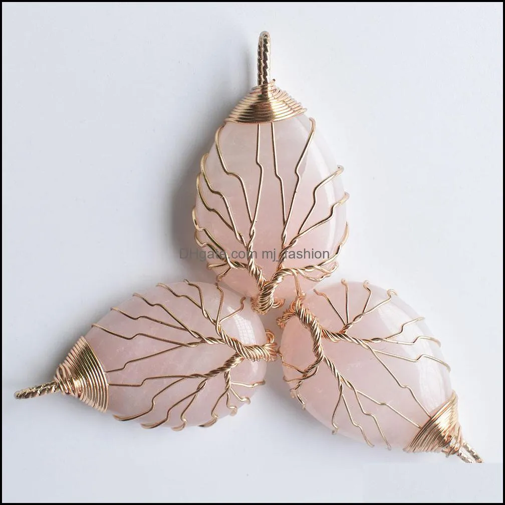 natural stone charms crystal tree of life pendants pink rose quartz gold wire wrapped trendy jewelry making mjfashion