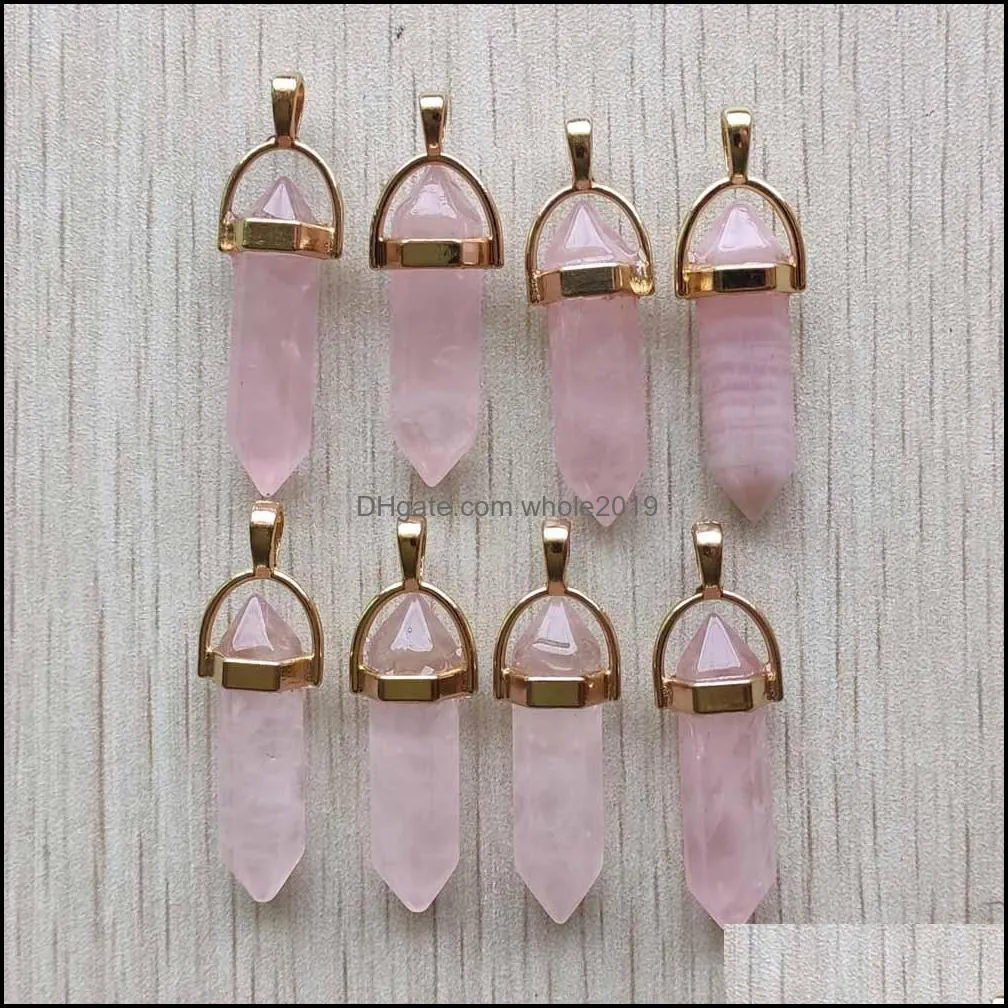 assorted natural stone pink quartz golden pendants point charms hexagonal pillar pendant for diy jewelry making gemstones