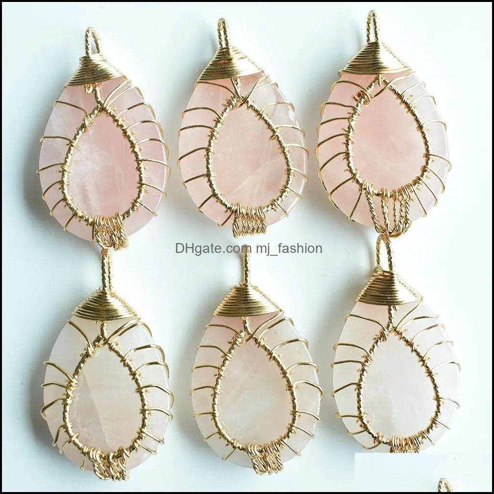 natural stone charms crystal tree of life pendants pink rose quartz gold wire wrapped trendy jewelry making mjfashion