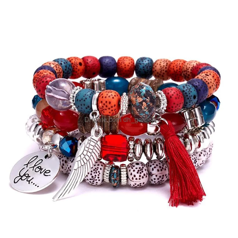 hot selling wings tassel natural stone suit multilayer bracelet imitation bodhi bohemian style stretch bracelet wholesale