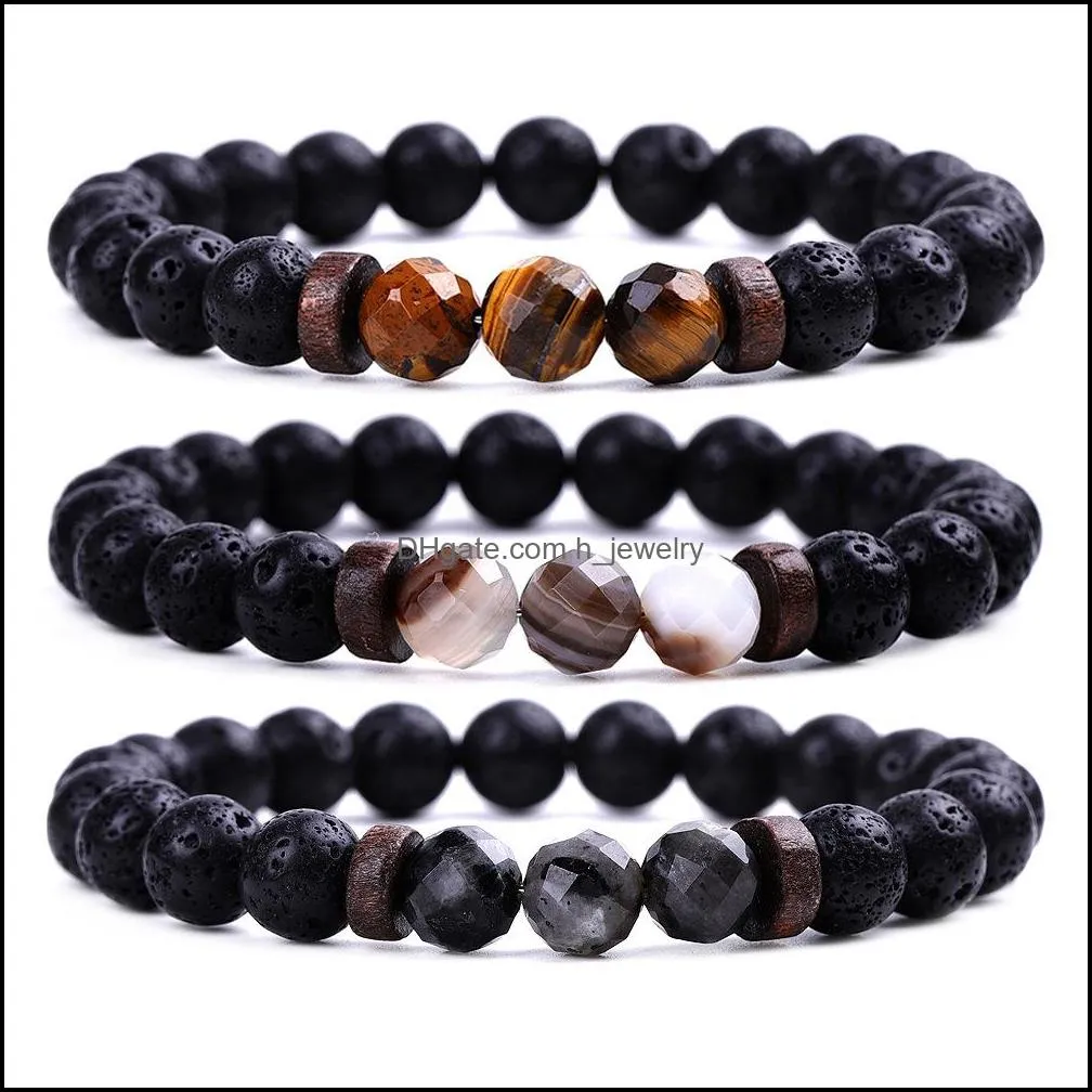 men bracelet faceted natural stone wooden beaded 8mm tiger eye spectrolite buddha lava beads bracelets women jewelry gift