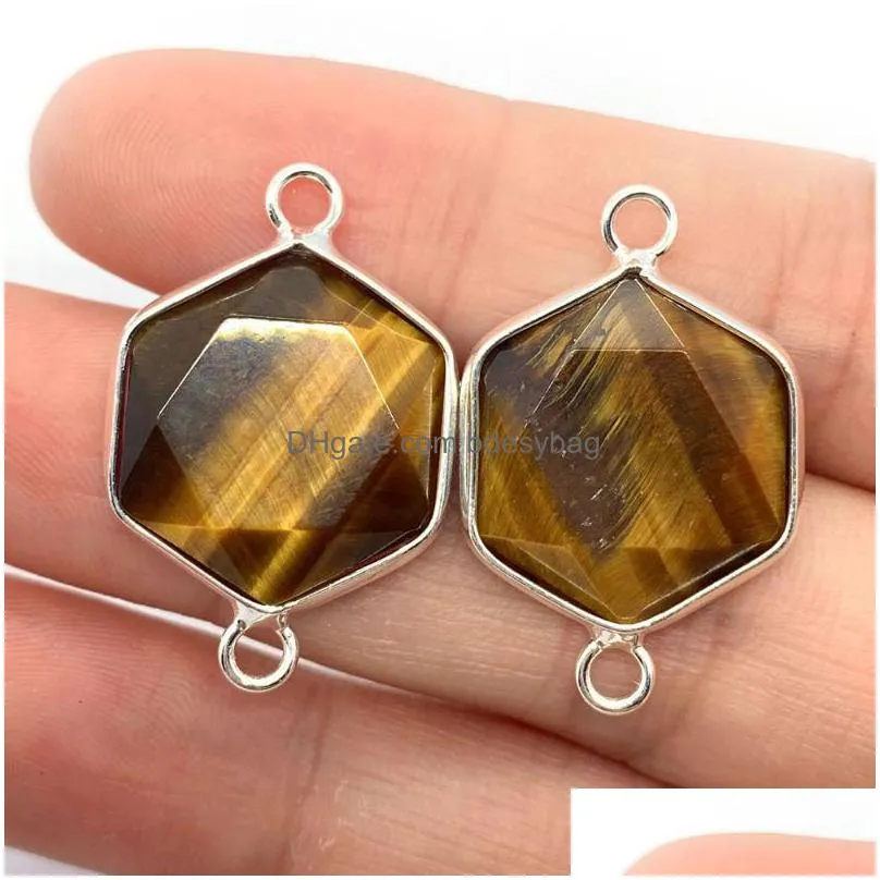 charms natural stone faceted pendant hexagon 13x22mm size double hole connector charm for jewelry making diy bracelet necklacecharms