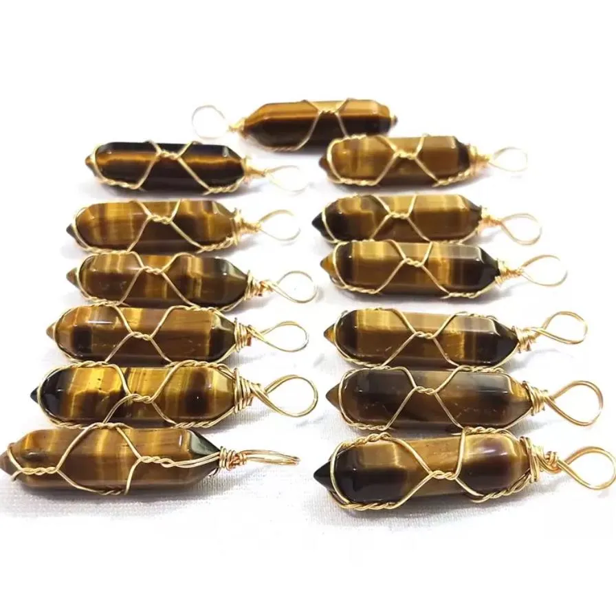 gold wire wrap natural stone charms tiger eye pillar bullet shape point chakra pendants for jewelry making wholesale handmade craft