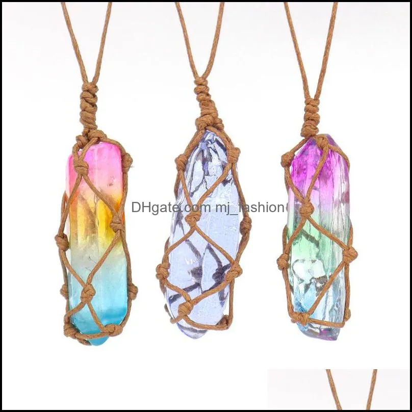 healing crystal column dyed natural stone pillar pendant weave net bag charms green pink crystal rope chain necklaces mjfashion